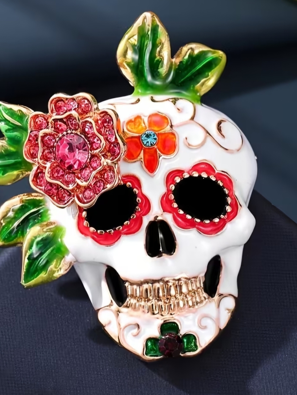 Day of the Dead White Enamel Floral Skull Brooch